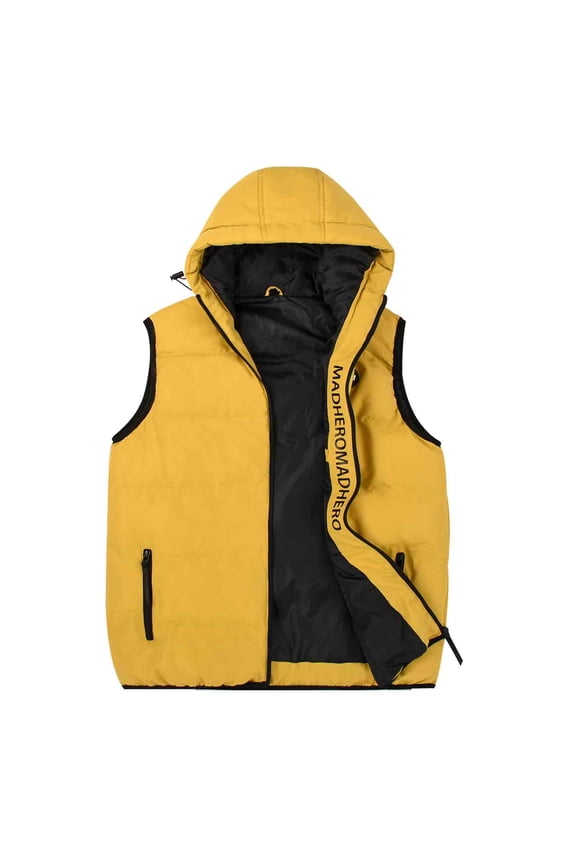 Men's Lightweight Sleeveless Puffer Vest with Hood Water-Resistant Outdoor Vest Jacket Mustard Yellow Size M