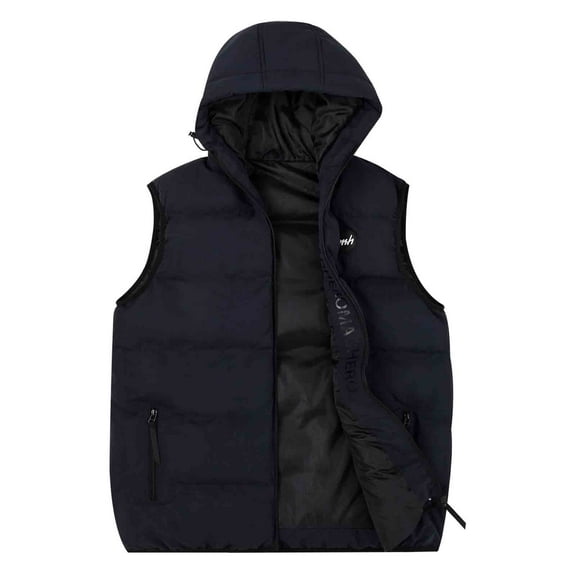 MADHERO Men's Lightweight Sleeveless Puffer Vest with Hood Water-Resistant Outdoor Vest Jacket Navy Blue Size L