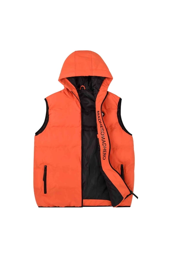 Men's Lightweight Sleeveless Puffer Vest with Hood Water-Resistant Outdoor Vest Jacket Orange Size 2XL