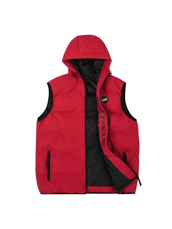Men's Lightweight Sleeveless Puffer Vest with Hood Water-Resistant Outdoor Vest Jacket Red Size 2XL