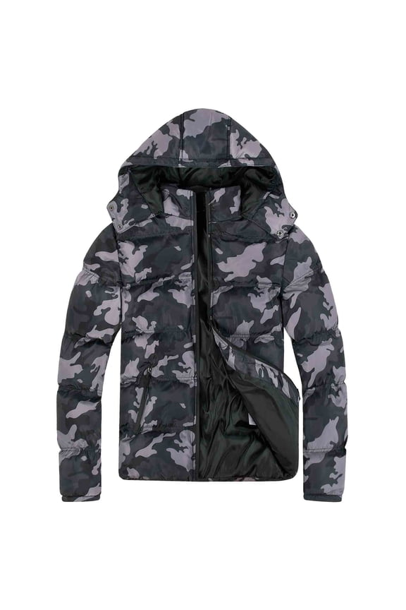 Men's Puffer Jacket Water-Resistant Insulated Down Alternative Outerwear Coats Black Camo Size 2XL