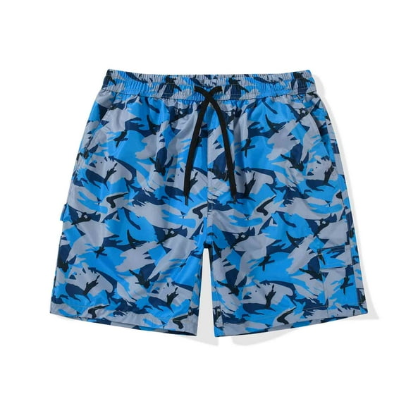 MADHERO Men's Swim Trunks Lightweight Casual Beach Shorts Classic Drawstring Shorts Blue Camouflage Size L