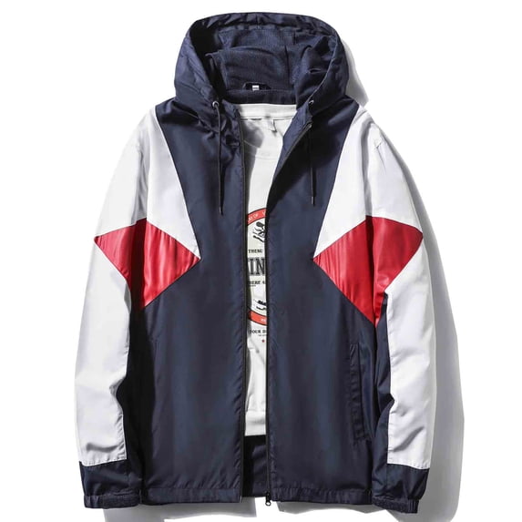 MADHERO Men's Windbreaker Jacket Water Resistant Lightweight Jacket Coat Navy Blue/White/Red Size L