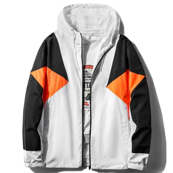 MADHERO Men's Windbreaker Jacket Water Resistant Lightweight Jacket Coat White/Black/Orange Size XL