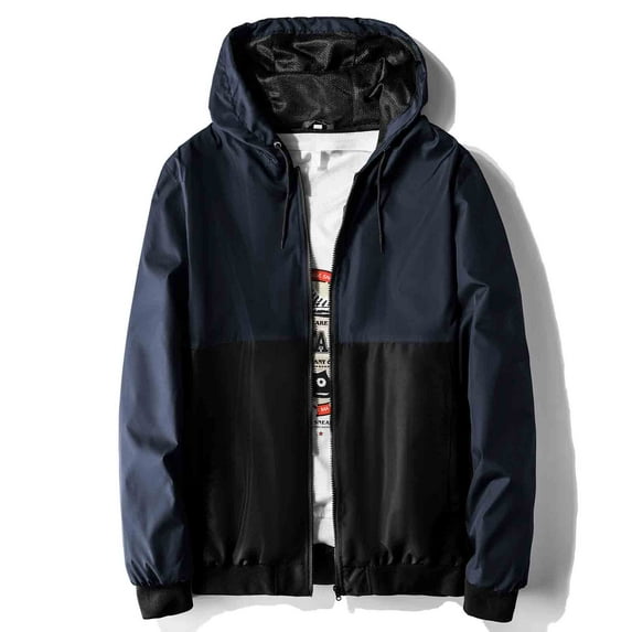 MADHERO Men's Windbreaker Jacket With Hooded Lightweight Packable Jacket Navy Blue/Black Size M
