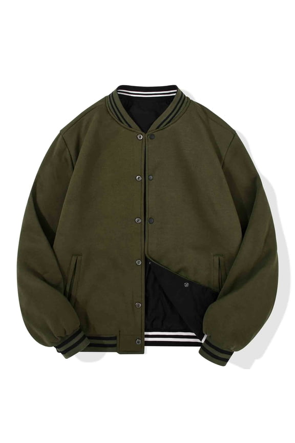 Mens Casual Reversible Varsity Jacket Fashion Baseball Bomber Jacket Coat Black Army Green Size XL