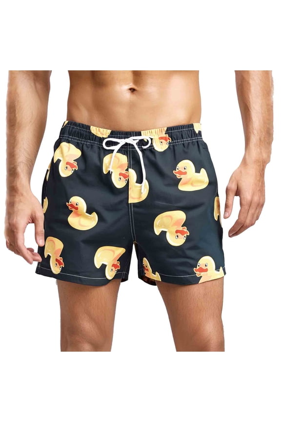 Mens Swim Trunks Short Funny Swimming Shorts Bathing Suit with Mesh Liner 3 Inch Little Duck Black Size L