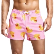 MADHERO Mens Swim Trunks Short Funny Swimming Shorts Bathing Suit with Mesh Liner 3 Inch Little Duck Pink Size 2XL