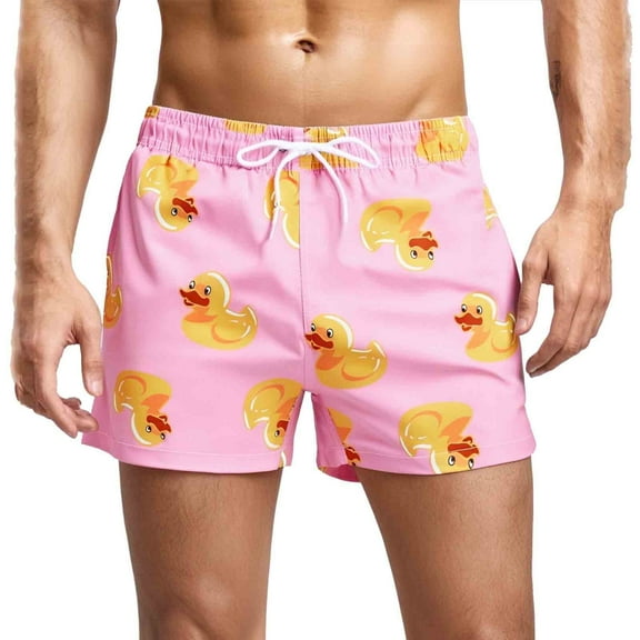 MADHERO Mens Swim Trunks Short Funny with Mesh Liner 3 inch Little Duck Pink Size m