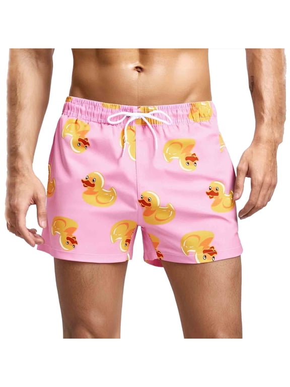 Mens Swim Trunks Short Funny with Mesh Liner 3 inch Little Duck Pink Size m