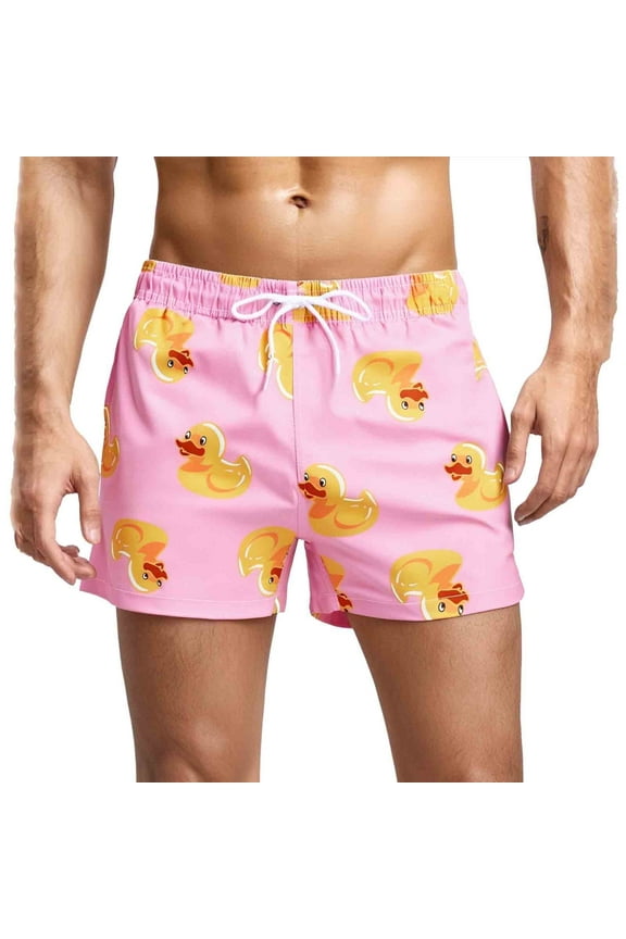 Mens Swim Trunks Short Funny with Mesh Liner 3 inch Little Duck Pink Size m