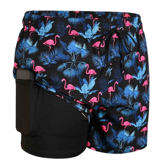 MADHERO Mens Swim Trunks with Liner 2 in 1 Quick Dry Swimming Shorts Swimwear Black Flamingo Size 2xl