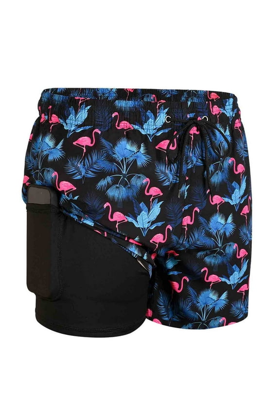 Mens Swim Trunks with Liner 2 in 1 Quick Dry Swimming Shorts Swimwear Black Flamingo Size m
