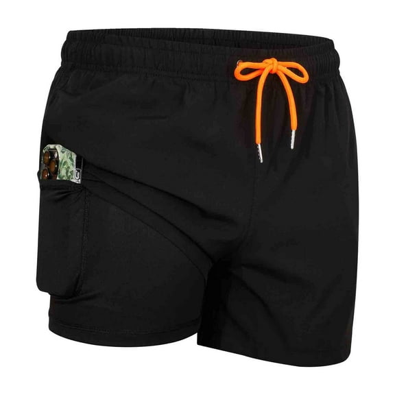 MADHERO Mens Swim Trunks with Liner 2 in 1 Quick Dry Swimming Shorts Swimwear Black Orange Size m