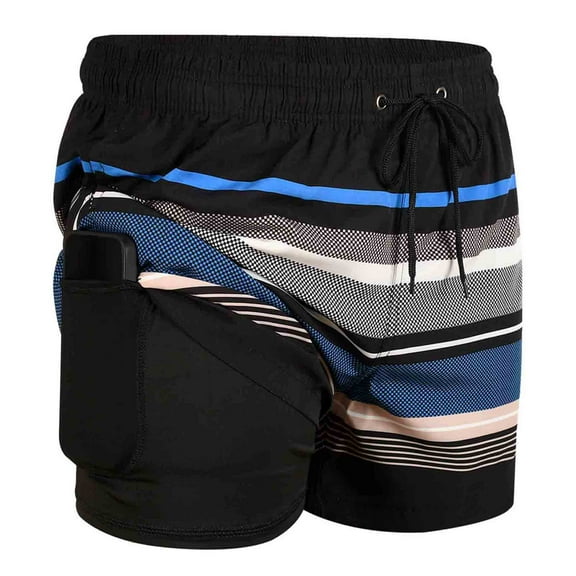 MADHERO Mens Swim Trunks with Liner 2 in 1 Quick Dry Swimming Shorts Swimwear Black Stripes Size l