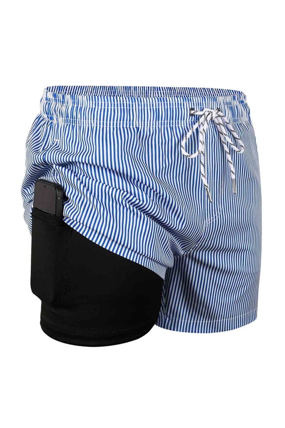 Mens Swim Trunks with Compression Liner 2 in 1 Quick Dry Swimming Shorts Swimwear Blue Stripes Size L
