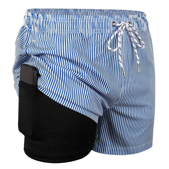 MADHERO Mens Swim Trunks with Liner 2 in 1 Quick Dry Swimming Shorts Swimwear Blue Stripes Size s