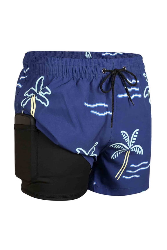 Mens Swim Trunks with Liner 2 in 1 Quick Dry Swimming Shorts Swimwear Coconut Tree Size 2xl