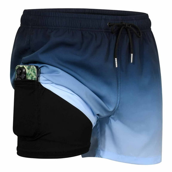 MADHERO Mens Swim Trunks with Liner 2 in 1 Quick Dry Swimming Shorts Swimwear Navy Blue Light Blue Size l