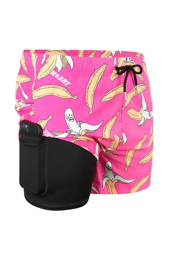 Mens Swim Trunks with Liner 2 in 1 Quick Dry Swimming Shorts Swimwear Pink Banana Size s