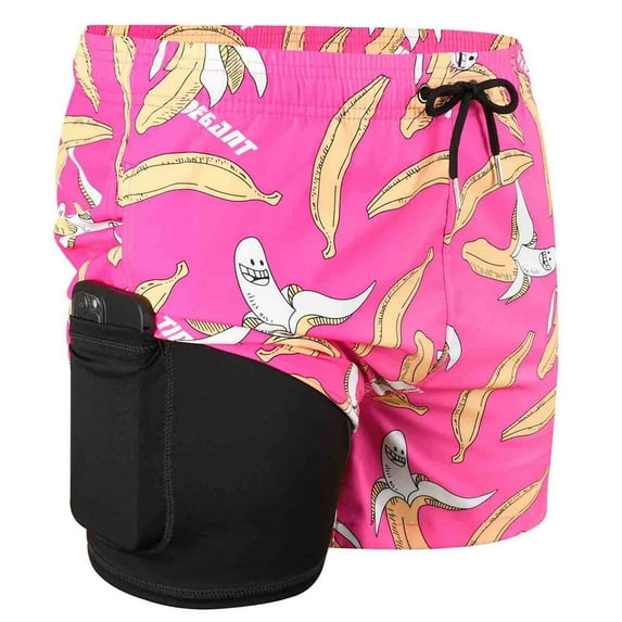 MADHERO Mens Swim Trunks with Liner 2 in 1 Quick Dry Swimming Shorts Swimwear Pink Banana Size xl