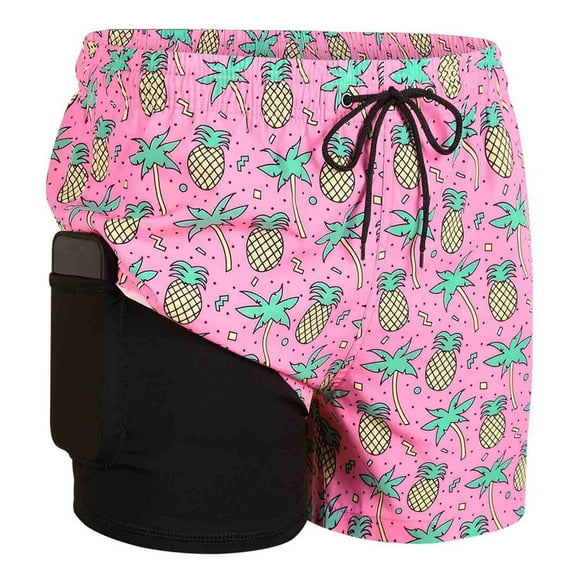 MADHERO Mens Swim Trunks with Liner 2 in 1 Quick Dry Swimming Shorts Swimwear Pink Pineapple Size l