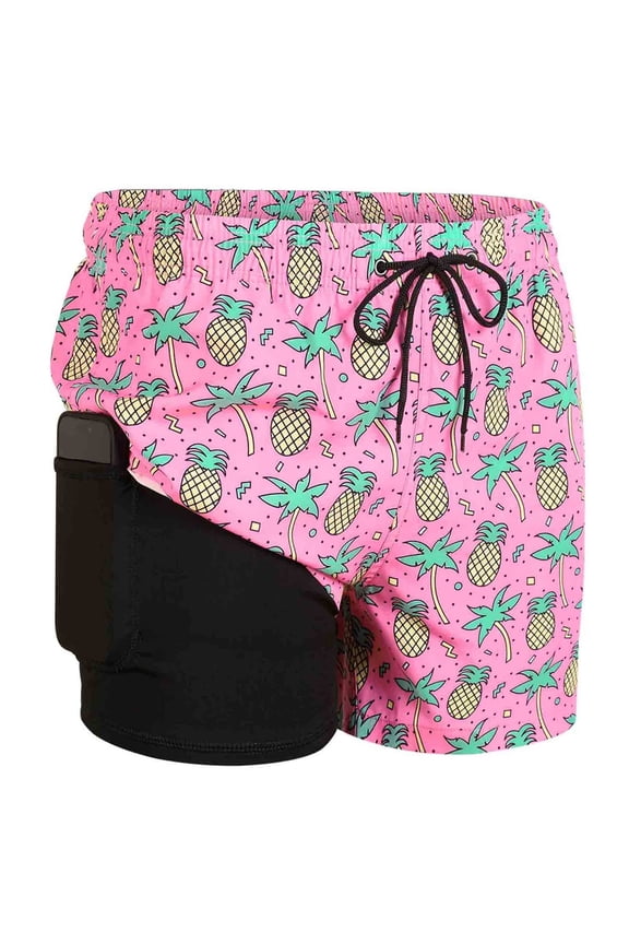 Mens Swim Trunks with Liner 2 in 1 Quick Dry Swimming Shorts Swimwear Pink Pineapple Size m