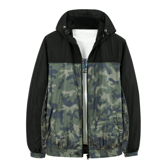 MADHERO Mens Windbreaker Jackets Lightweight Waterproof Raincoat with Hood Outdoor Running Hiking Coats Black Camo Size L