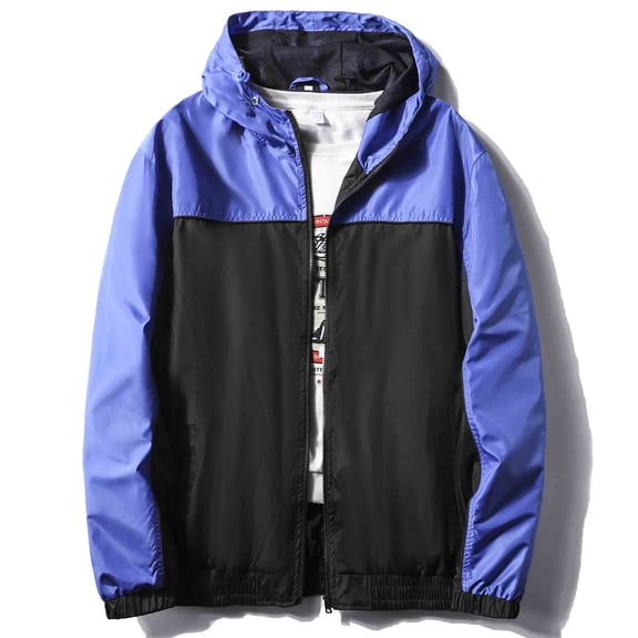 MADHERO Mens Windbreaker Jackets Lightweight Waterproof Raincoat with Hood Outdoor Running Hiking Coats Bright Blue Black Size L