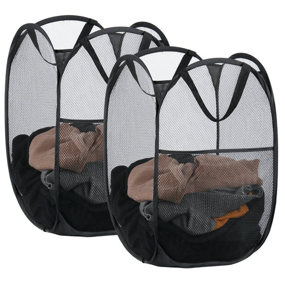 MADIKA 2 Pack Pop up Mesh Laundry Hamper Collapsible Laundry Baskets with Side Pocket- Breathable Black 74L