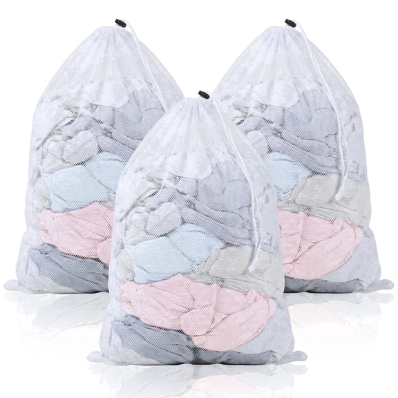 MADIKA 3 Pack Large Mesh Laundry Bag, 24 x 36 inch Mesh Wash Bag with Drawstring Closure(White)