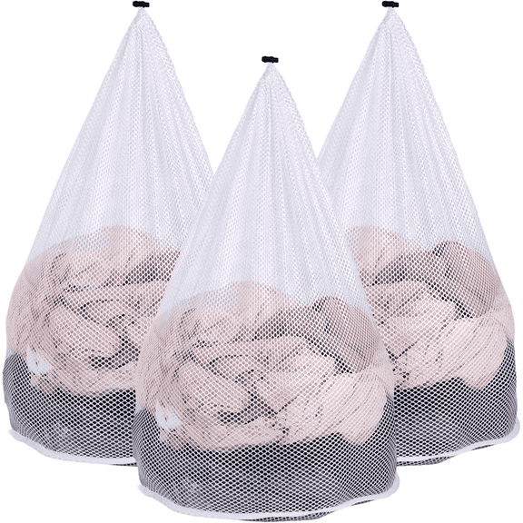 MADIKA 3 Pack Mesh Laundry Bags with Adjustable Single Shoulder Straps 28" x 26" Sturdy Nylon Material Laundry Liners with Drawstring Closure for College, Dorm and Apartment White