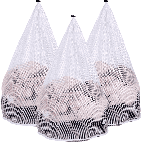 MADIKA 3 Pack Mesh Laundry Bags with Adjustable Single Shoulder Straps 28" x 26" Sturdy Nylon Material Laundry Liners with Drawstring Closure White