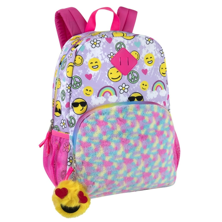 MADISON DAKOTA Furry Emoji Backpack for Girls for School with Furry Backpack Keychain Water Bottle Pockets Padded Straps Energized Emojis