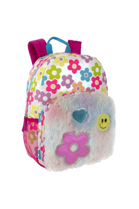 17 Inch Fun Printed Groovy Floral Plush Backpack for Travel and Commuting