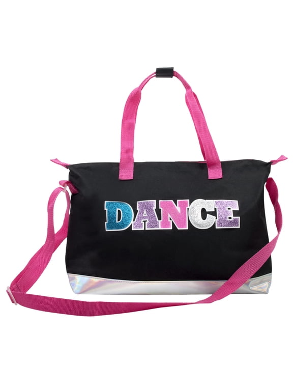 Girls Dance Duffle Bag for Ballet, Dance, Dancewear, Clothing, Dresses, Skirts, Tutus, Tights, Stockings, Shoes and Accessories in Black with Glitter and Tote Straps