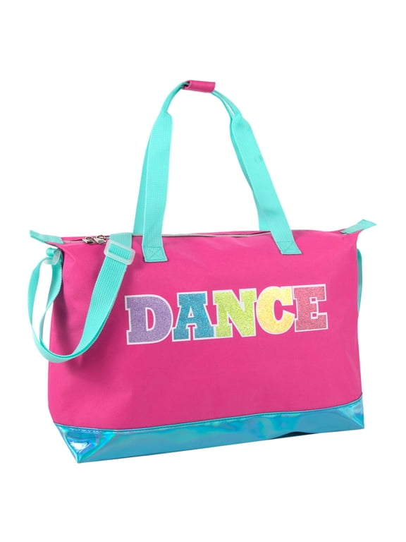 Girls Dance Duffle Bag for Ballet, Dance, Dancewear, Clothing, Dresses, Skirts, Tutus, Tights, Stockings, Shoes and Accessories in Pink & Blue with Glitter and Tote Straps
