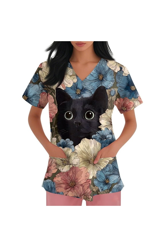 Printed Scrubs for Women, Cute Cat Pattern V-Neck Nurse Tops, Plus Size Lightweight Stretch Working Uniform Nursing Top with Pockets Style 01# M