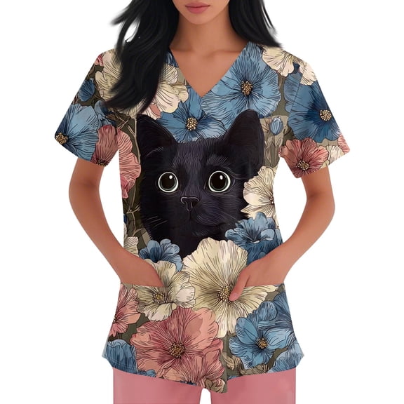 MADOFSAD Printed Scrubs for Women, Cute Cat Pattern V-Neck Nurse Tops, Plus Size Lightweight Stretch Working Uniform Nursing Top with Pockets Style 01# XL