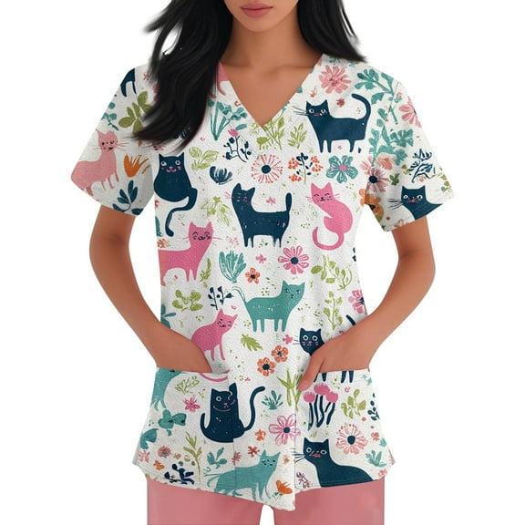 MADOFSAD Printed Scrubs for Women, Cute Cat Pattern V-Neck Nurse Tops, Plus Size Lightweight Stretch Working Uniform Nursing Top with Pockets Style 08# S