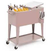 MADOG 80 Quart Rolling Cooler Ice Chest for Outdoor Patio Deck Party, Bar Cold Drink Beverage Cart Tub, Backyard Cooler Trolley on Wheels with Ice Scoop, Catch Tray & Bottle Opener, Pink