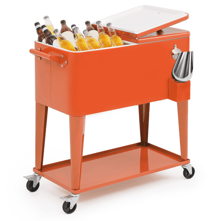 MADOG 80 Quart Rolling Ice Chest, Portable Bar Drink Cooler with Ice Scoop, Catch Tray, Drain Plug, Bottle Opener and Locking Wheels for Patio Party BBQ Beach Activities, Orange