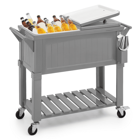 MADOG 80 Quart Rolling Ice Chest on Wheels, Portable Patio Party Bar Drink Cooler Cart with Shelf, Beverage Pool Stand Up Cooler Trolley with Ice Scoop, Bottle Opener, Drain Plug, Grey