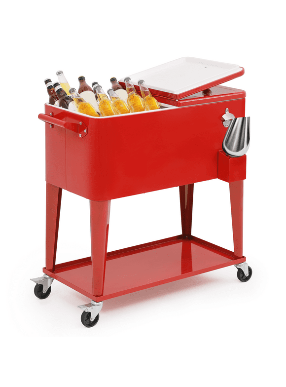 MADOG 80qt Outdoor Steel Rolling Cooler Cart with Ice Scoop, Bottle Opener, Catch Tray, Drain Plug and Locking Wheels, Backyard Cooler Trolley for Patio Party Bar BBQ, Red