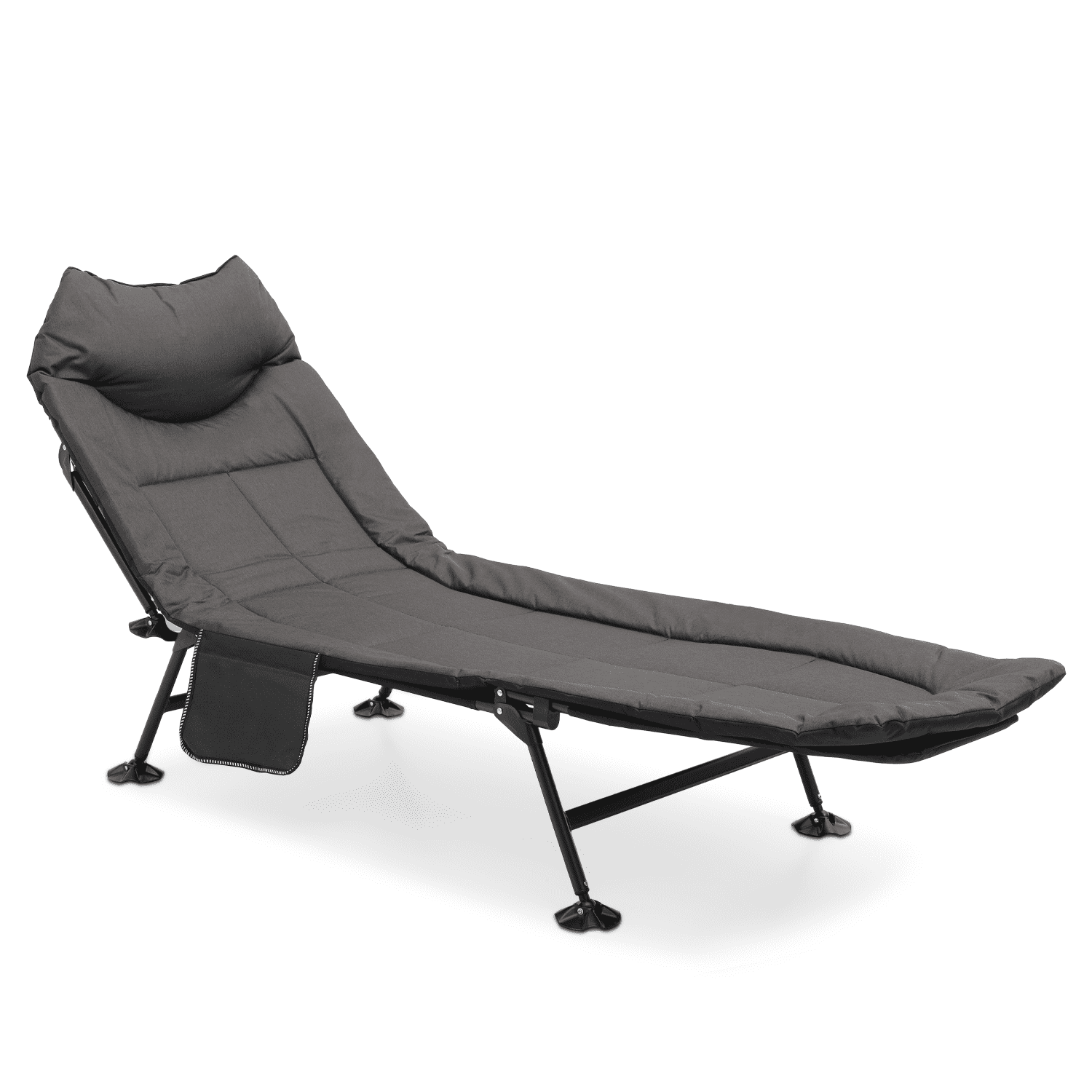 Adjustable Black Steel Camping Cot with Mattress and Pillow
