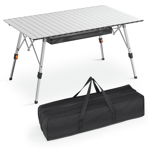 MADOG Outdoor Camping Table with Adjustable Legs, Aluminum Roll Up Camp Table with Carrying Bag, Mesh Storage Organizer, Silver