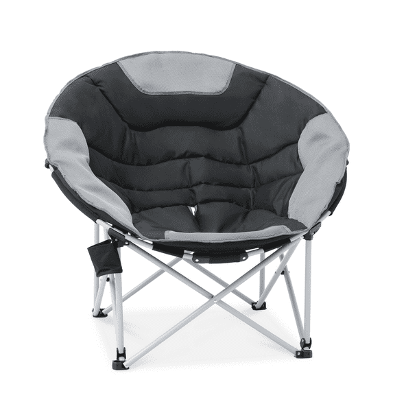 MADOG Padded Camping Chair, Oversized Camping Chair with Cup Holder and Carry Bag, Outdoor Folding Chair Moon Round Chair for Camping Hiking Fishing Picnic, Black/Grey