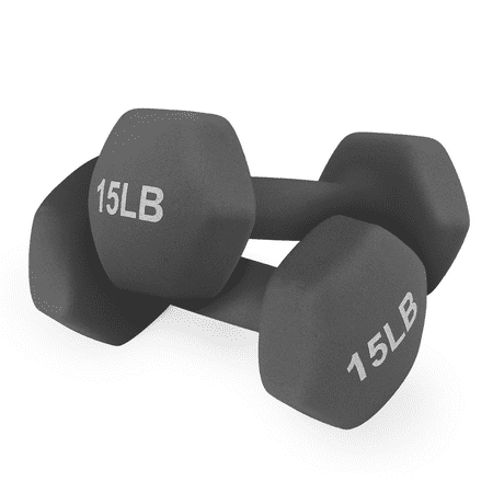 MADOG Set of 2 Neoprene Coated Dumbbell Hand Weights 15 lb, Anti-Roll Non-Slip Exercise Fitness Dumbbells, Gray