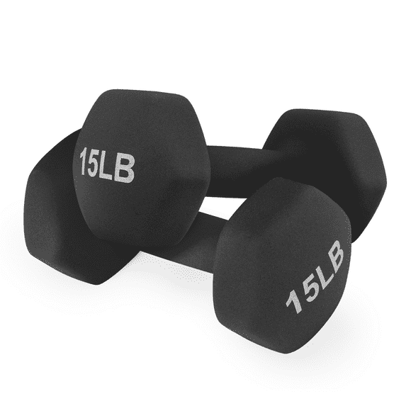 MADOG Set of 2 Neoprene Coated Dumbbell Hand Weights, Anti-Roll Non-Slip Hexagon Shaped 15 LB Weights, Black
