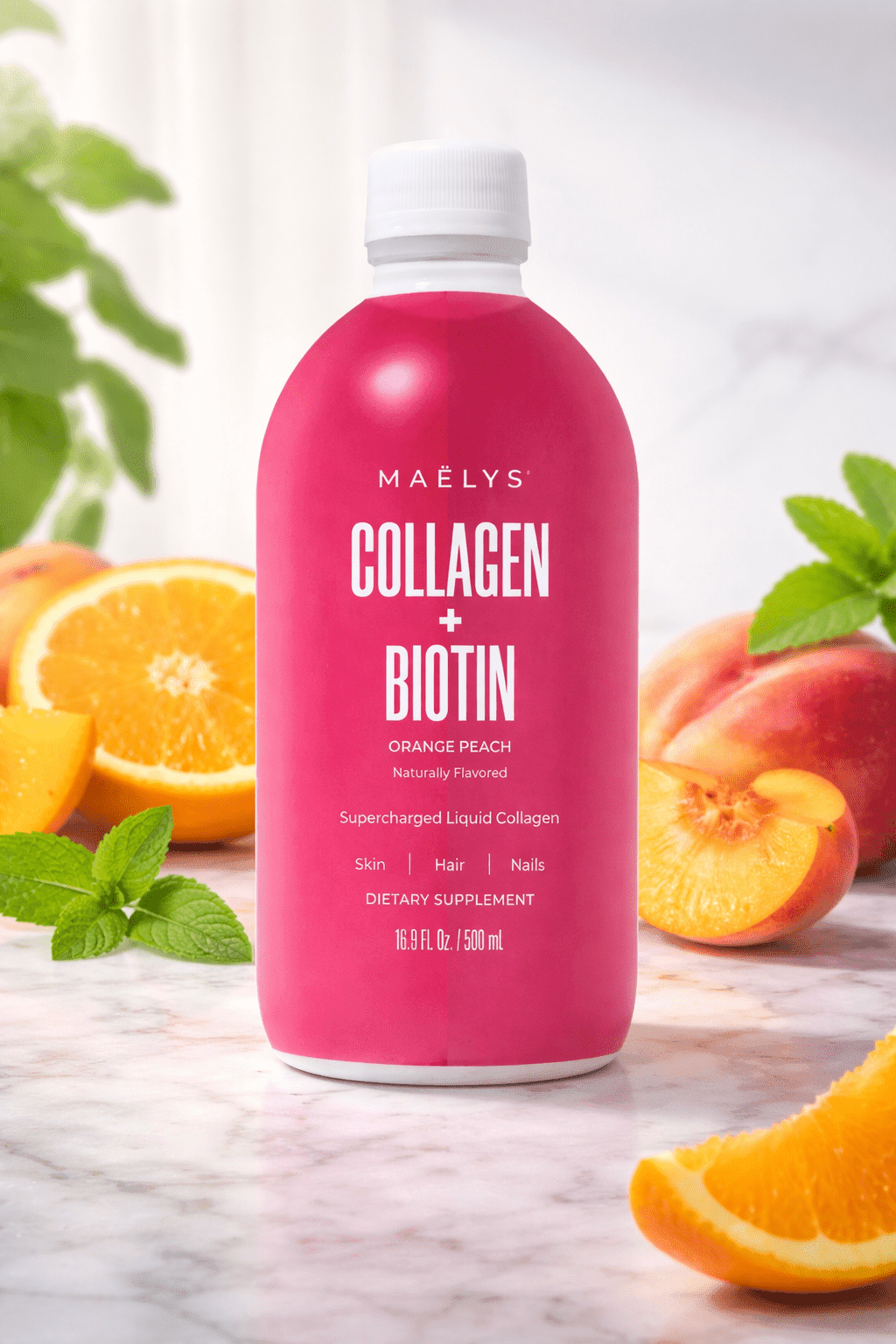 MAELYS COLLAGEN + BIOTIN ORANGE PEACH SUPERCHARGED LIQUID COLLAGEN JUICE 16.9oz